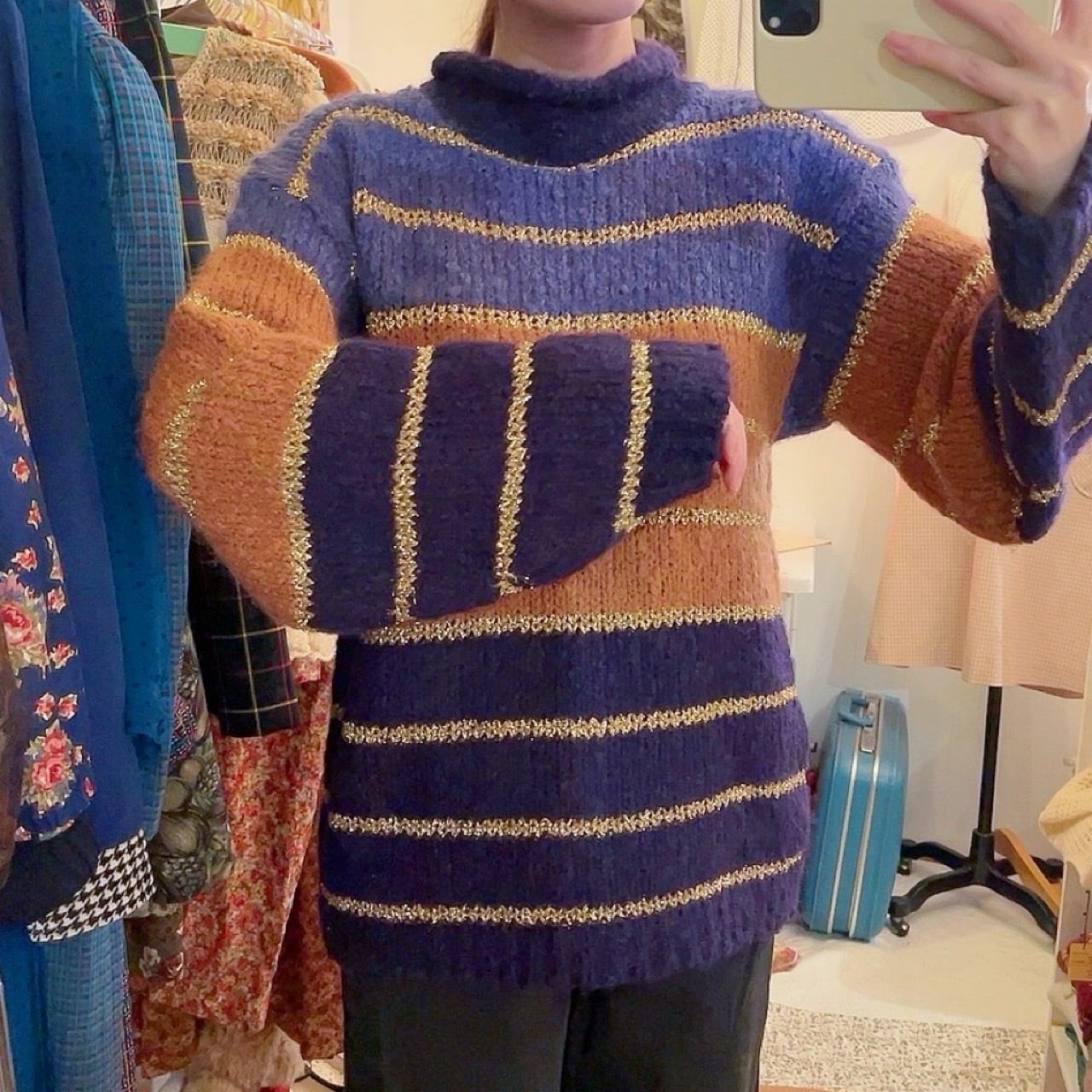 purple lame gold high necked sweater