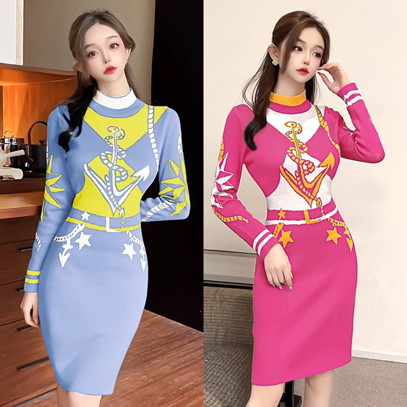 【新作】【送料無料】 2023 秋と冬の新しい長袖ニットスカートプリント年齢軽減スリムフィットヒップハグセータードレス 7573 018498681323