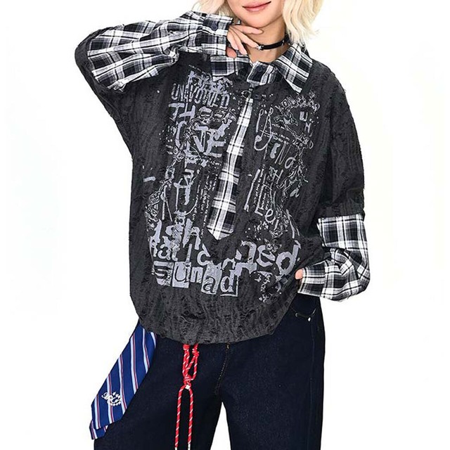 ダメージグラフィックチェックレイヤードトップス 2col   R01497