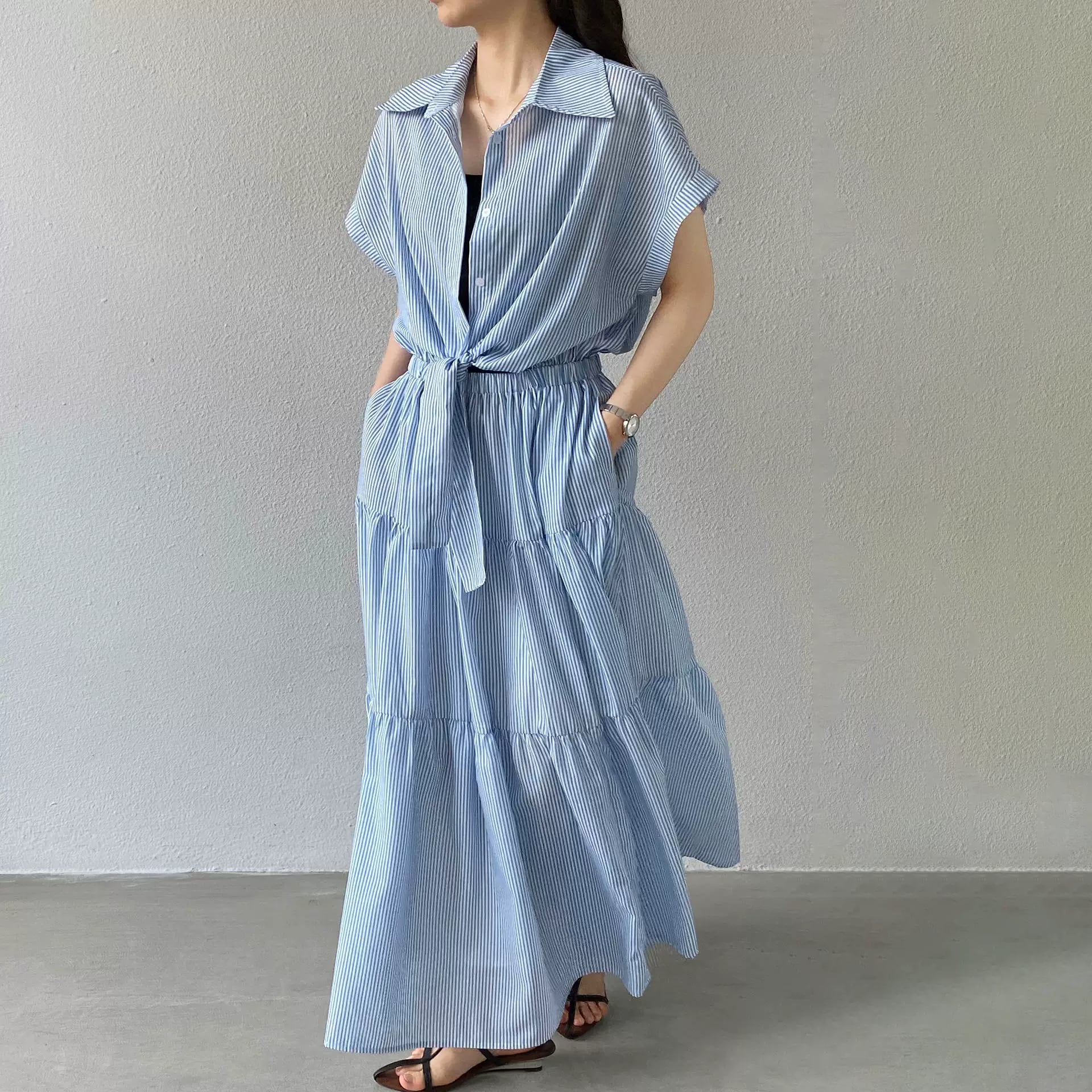 stripe tiered skirt shirt one-piece 14477