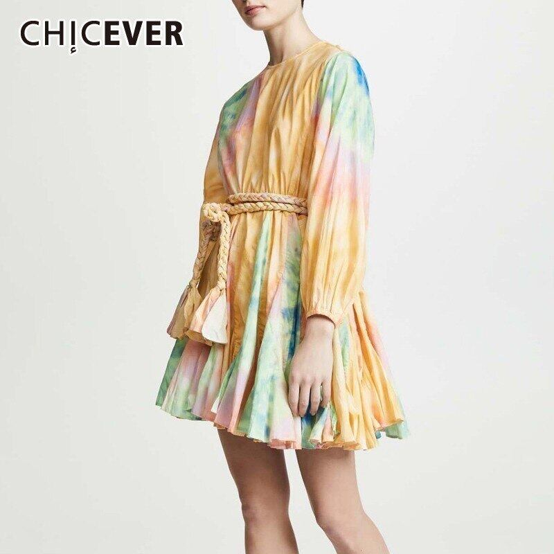CHICEVERサマーヒットカラー包帯ドレスパフスリーブOネックウエストミニプリーツドレス女性2020 夏物 6base583761426892