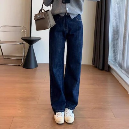 超脚見せストレート原色紺赤フリルハイウエストスリム赤耳ストレートジーンズ女秋冬新