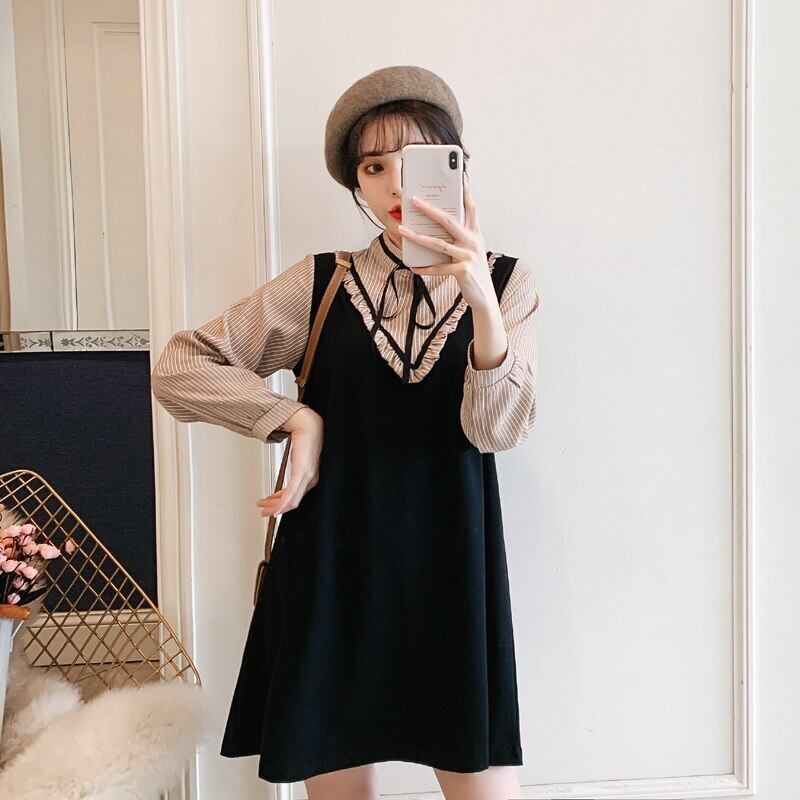 【新作】【送料無料】 9510＃マタニティ服春秋ストライプパッチワークコットン長袖ルーズスタイリッシュドレス妊婦ママドレス ロング スプリング 春物 オータム 秋物 AL expec357664531135