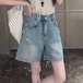 2024 春夏パンツ ハーフパンツ デニム ジーンズ ワイド ストレート ハイウエスト 美脚効果 脚長効果 細見え 夏 白 水色 おしゃれ かわいい 韓国ファッション レディース お出かけ