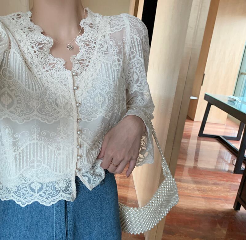 レースVネックシャツ スプリングブラウス レディース ロング 春物 ビッグFスモールZ韓国86132433225