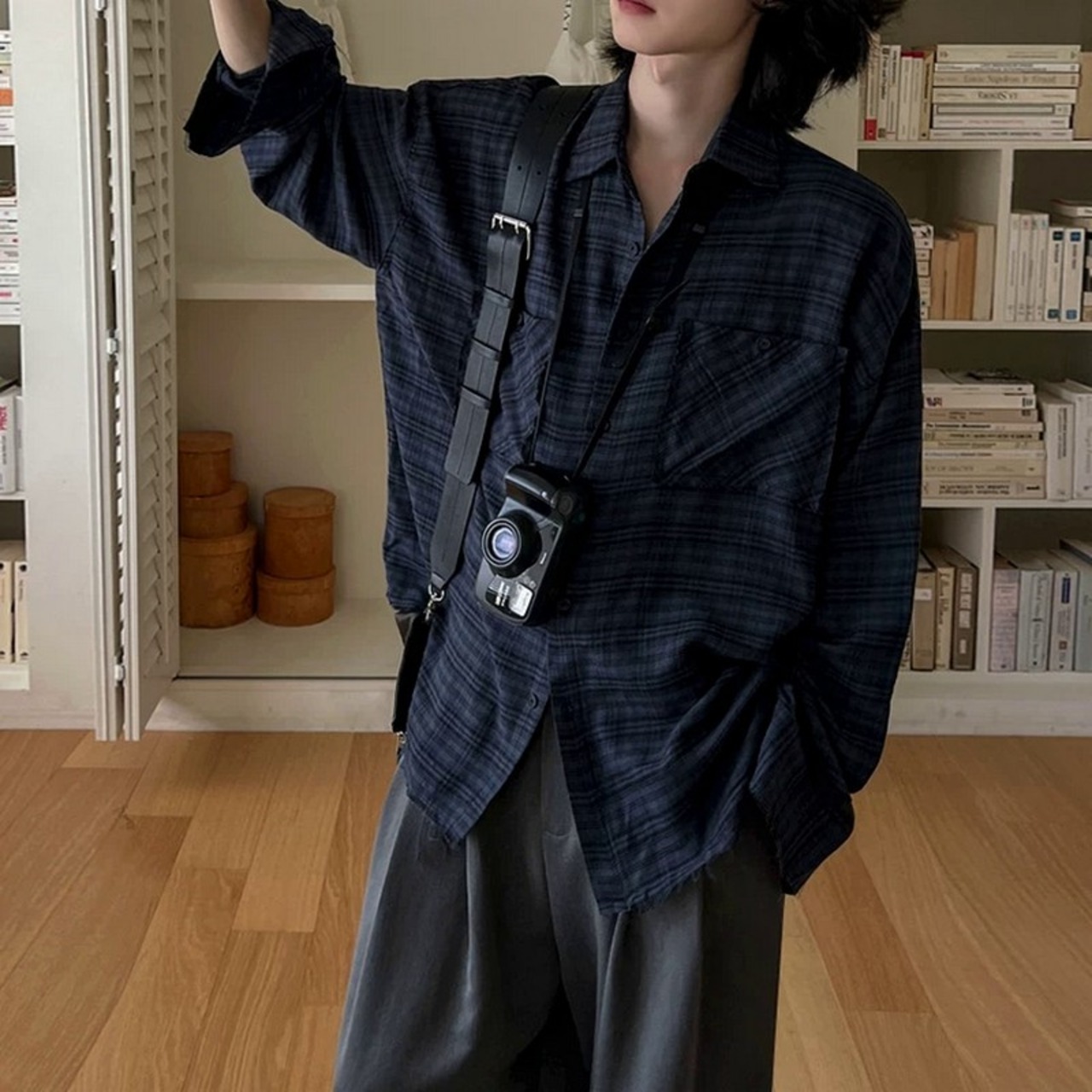 レトロダークチェック柄シャツ　1267