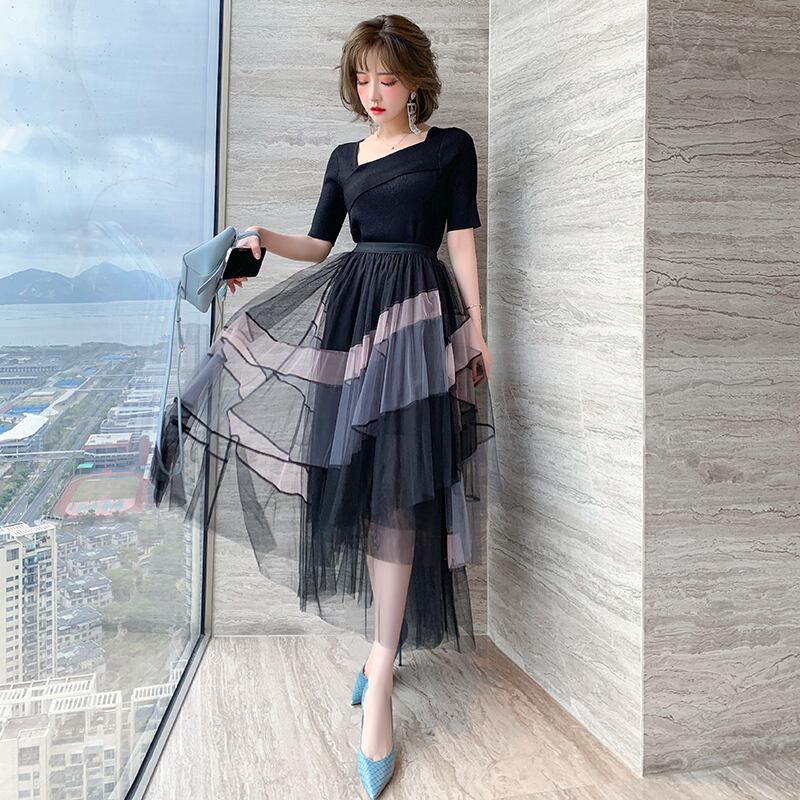 スリムニットセーター ハイウェストウェストメッシュスカート スプリングサマー 春物 夏物 ステッチ MIUCO3574757062