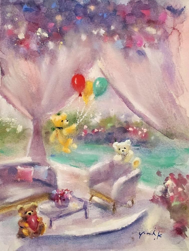 絵画 ｢クマ達の遊び場｣ 18×13cm 水彩/パステル 神之浦由美 作品