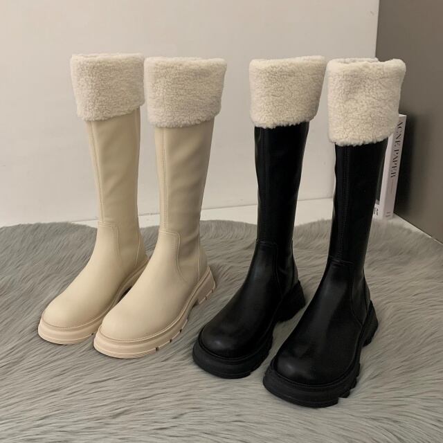 【予約販売】ブーツ レディース ブラック オフホワイト ボア レザー ロングブーツ カジュアル 可愛い トレンド 靴 お洒落 韓国 秋 冬 22.5cm/23cm/23.5cm/24cm/24.5cm