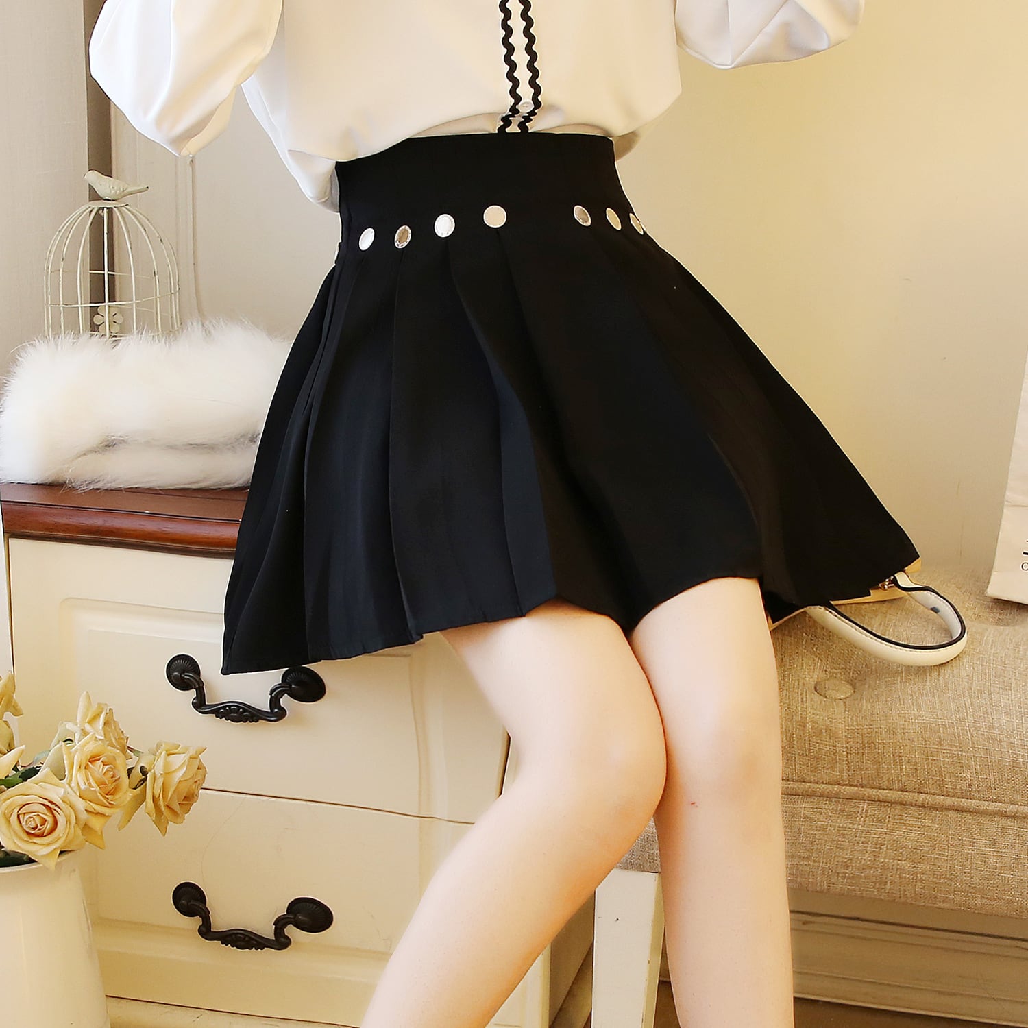 白黒 リボン フリル フレア ブラウス スカート セットアップ 森系甘め