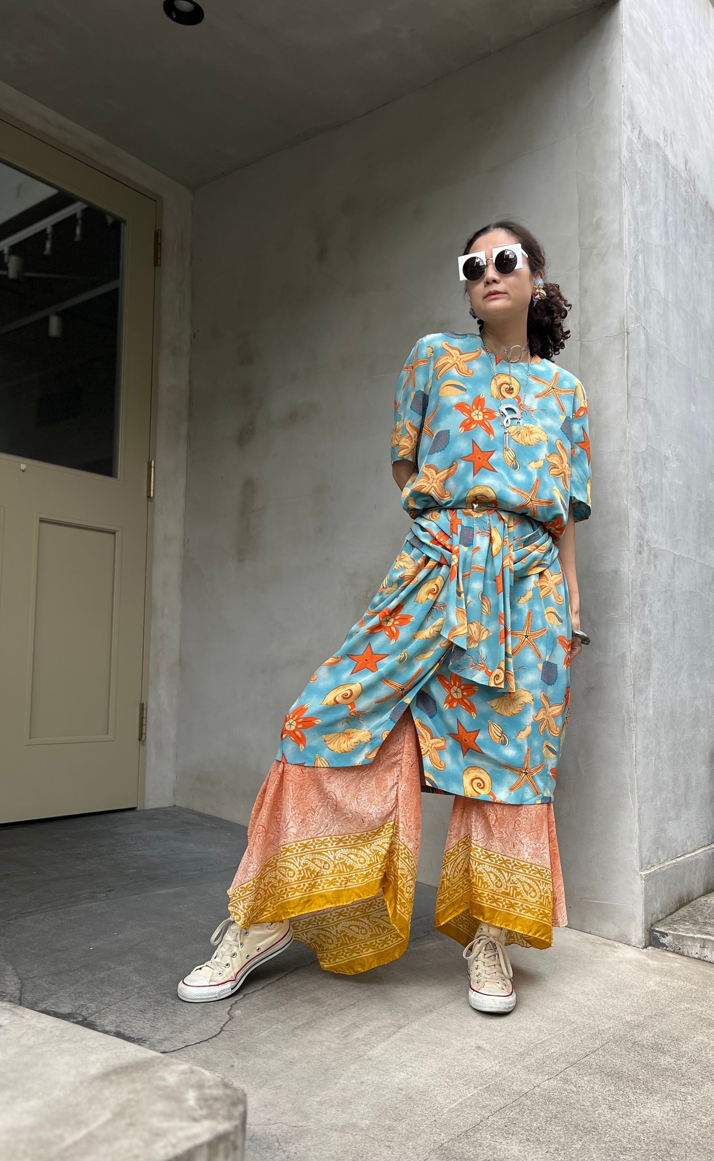 80s skyblue × shell silk dress ( ヴィンテージ スカイブルー