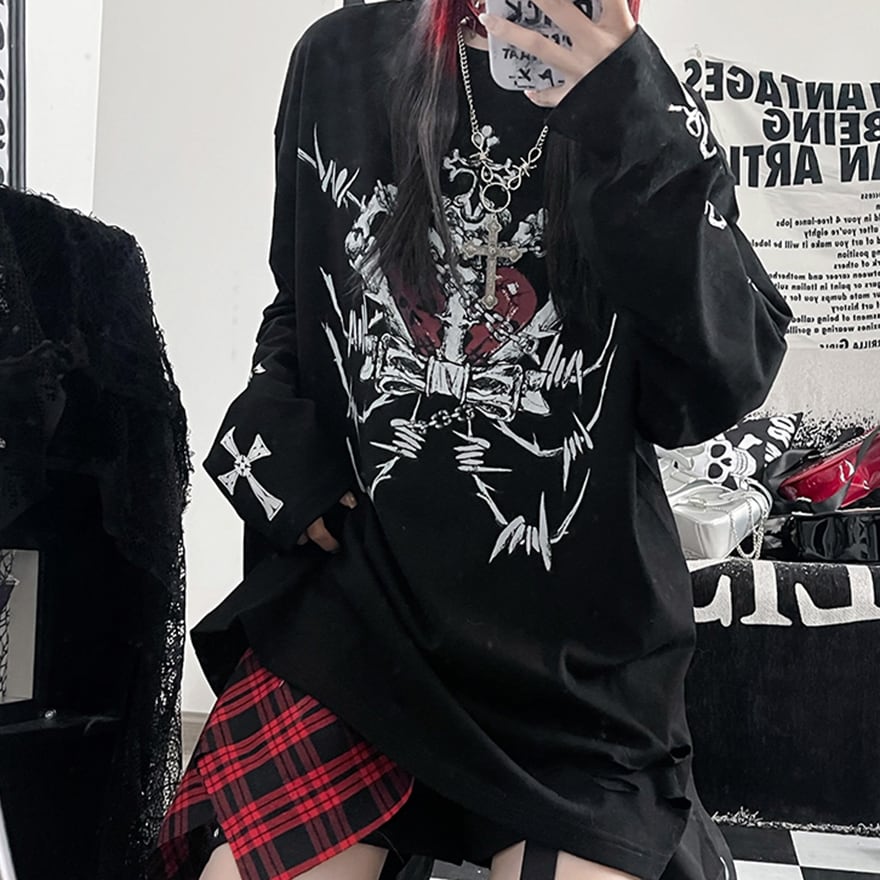 地雷系 長袖Tシャツ スカル×オーバーサイズ 参戦服向け｜WithU