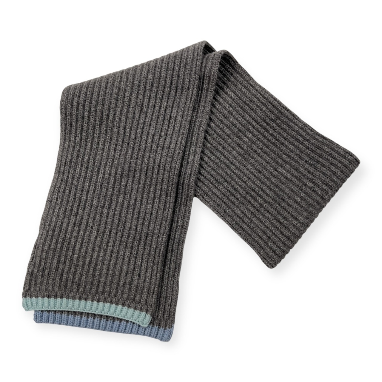 カシミヤ100% Mademoiselle NON NON マドモアゼルノンノン カラー入り ニット マフラー /グレー/日本製/パパス/水色×グレー