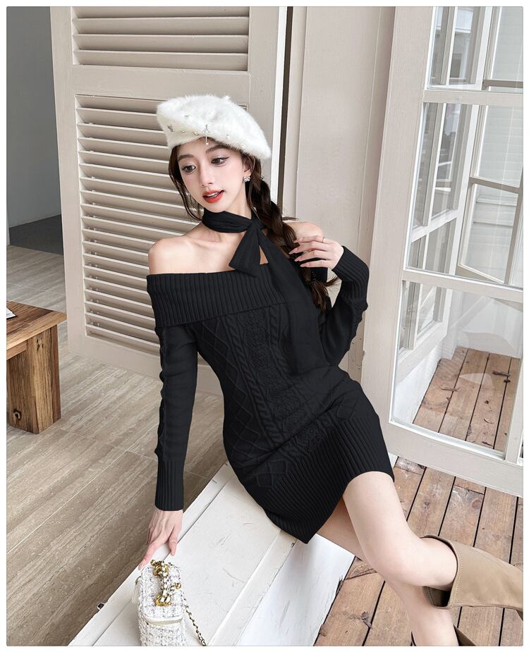 dress】リボンオフショルニットワンピース N2855 | nanastyle