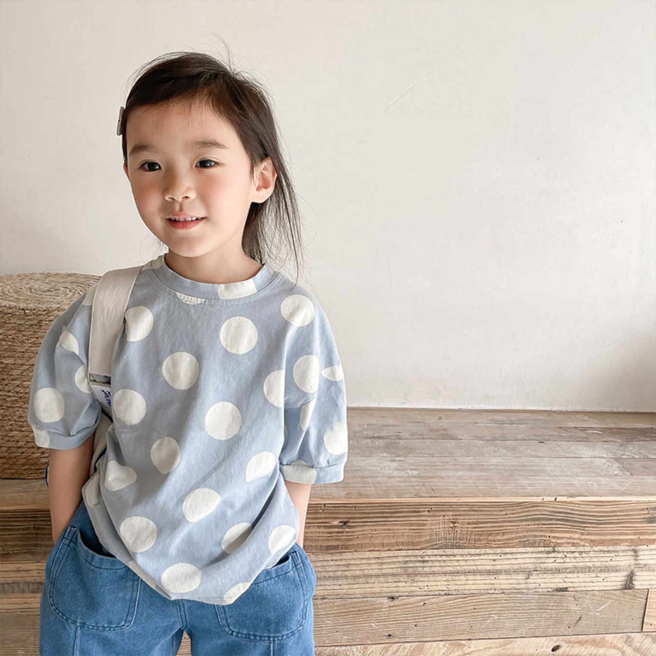 夏リネン水玉柄ゆったり半袖Tシャツ