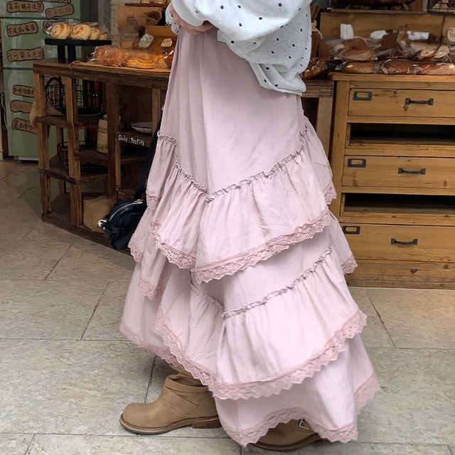 Ruffle lace trim high waist skirt【2col】00303