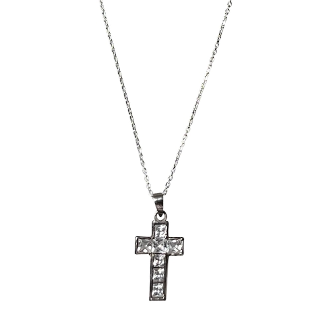 vintage silver cross pendant necklace set with rhinestone