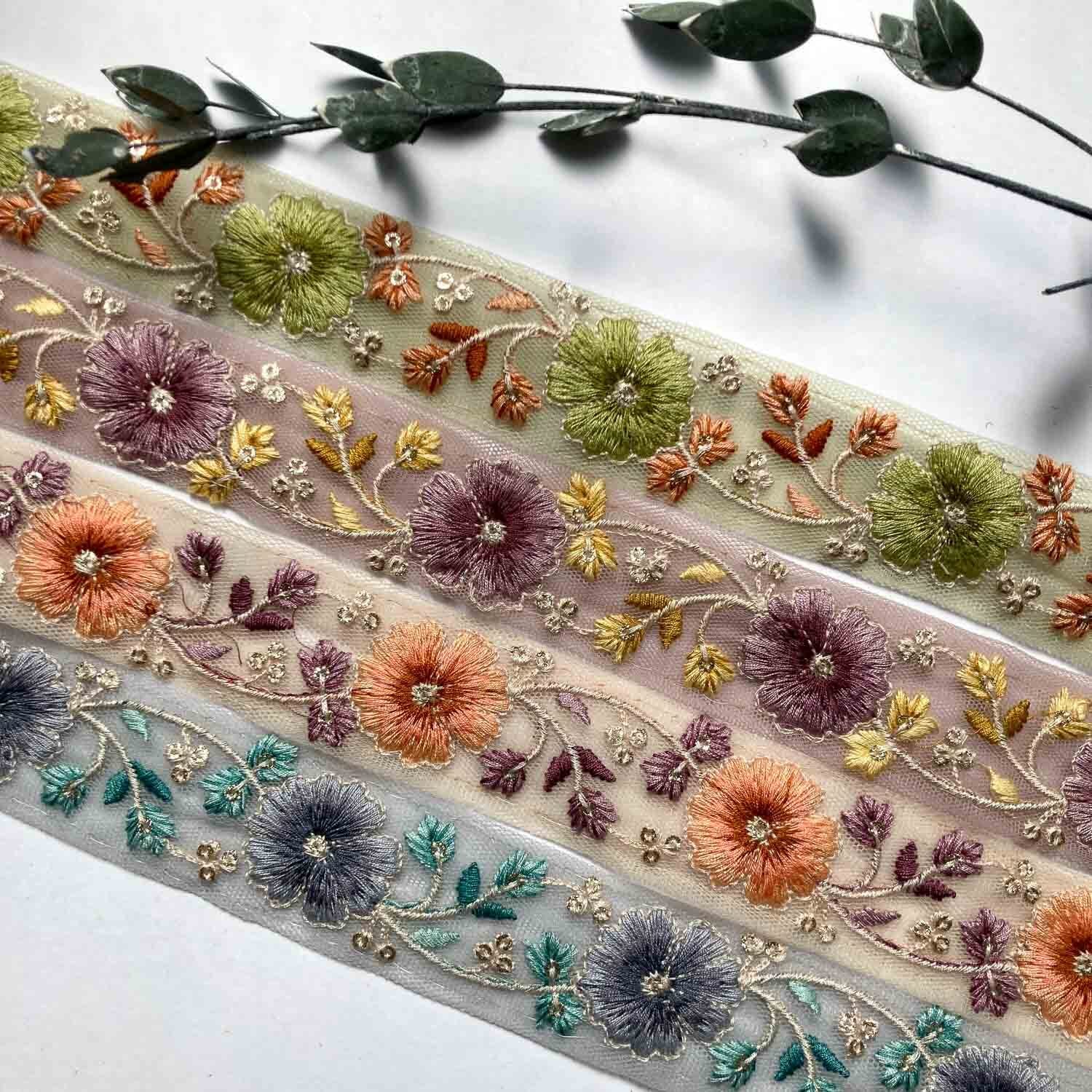 新色追加・再入荷〉グラデーションパンジー刺繍チュールリボン（50cm
