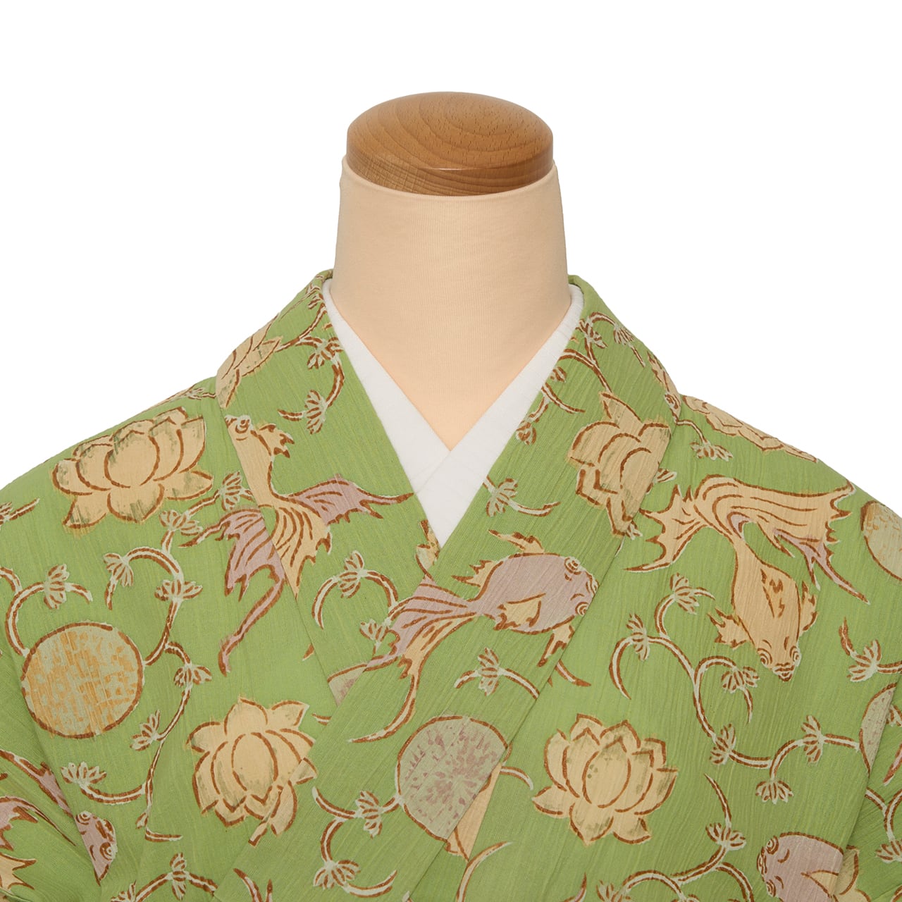 紺仁 小千谷「綿ちぢみ更紗」 金魚とお花の模様 単衣着物【未着用品