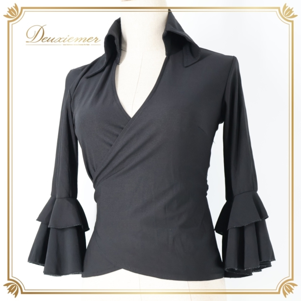 フラメンコ 衣装 トップス ブラウス ブラック系 イチオク 黒 伸縮 ストレッチ 無地 シンプル 襟 フリル リボン ICHIOKU 上品 かわいい ダンス衣装 ステージ イベント オールブラック