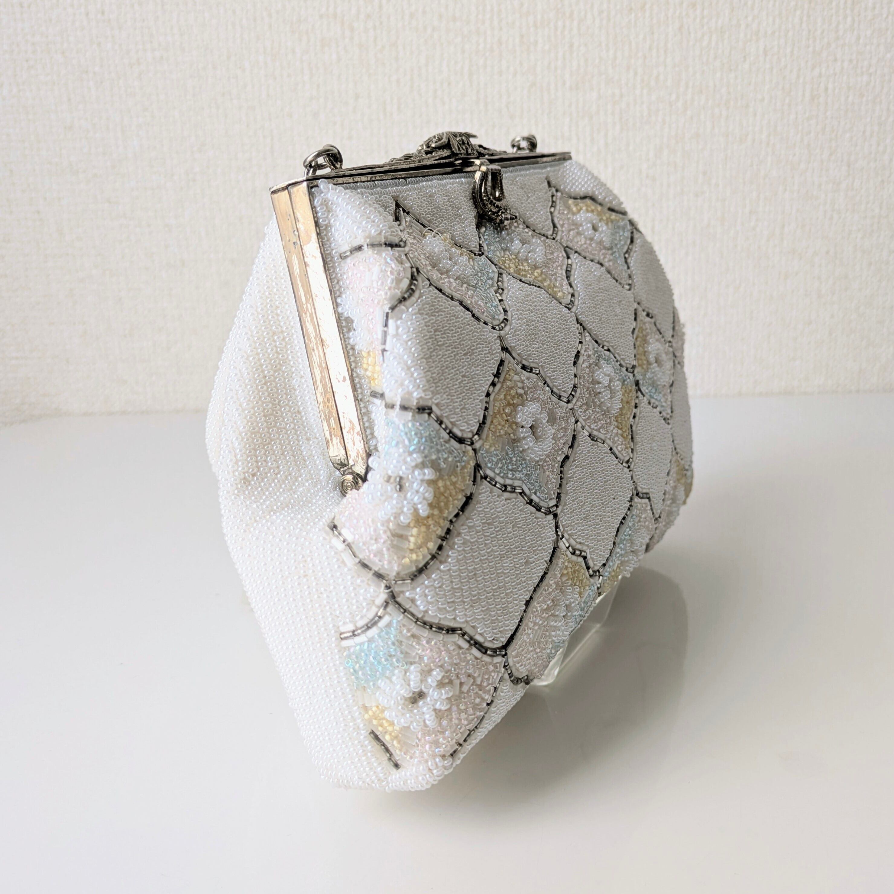 Vintage】ビーズ刺繍バッグ 白 菱形 パステルカラー 小花 パーティー