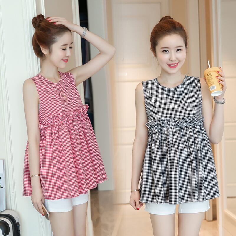 【新作】【送料無料】 夏の妊婦腹部ショーツ+シーブレスシャツツインセットプラスサイズマタニティ服セットチェック柄ブラウス+ベリーショーツスーツ 大きめサイズ サマー 夏物 ブルマー AL expec385801430895