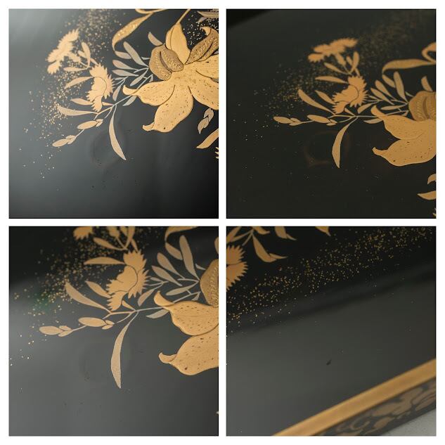 黒塗 草花蒔絵 撫子 百合 秋草 入れ子盆 廣蓋 二点組 四方盆 漆芸 木箱