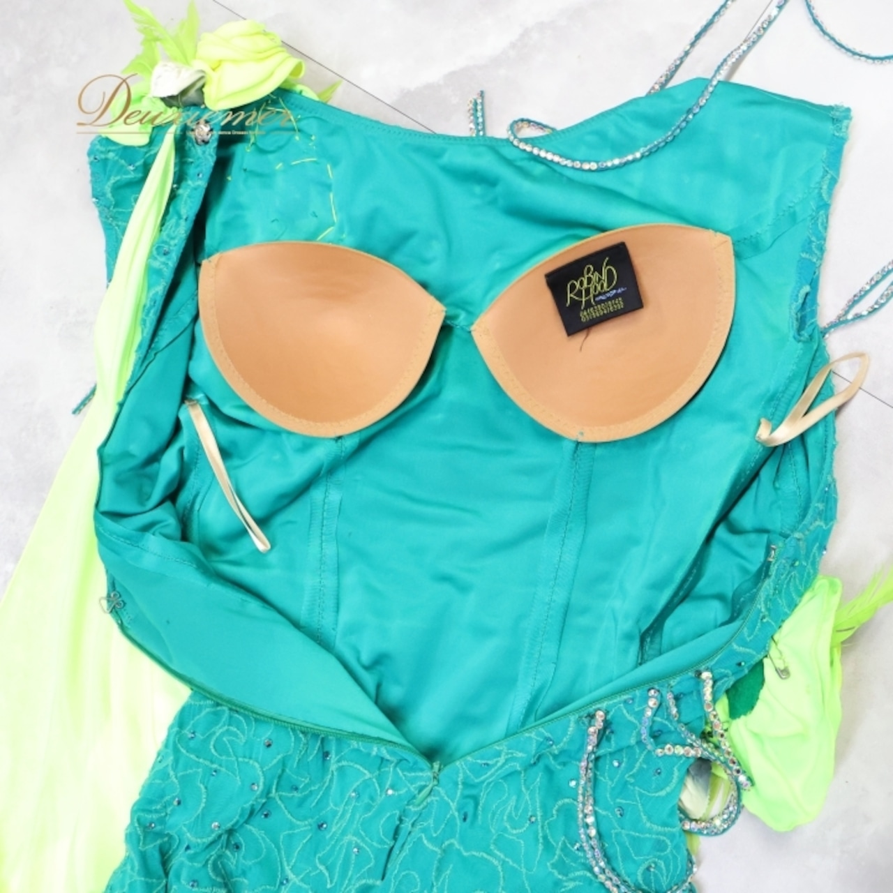 社交ダンス 衣装 ROBINHOOD ロビンフッド スタンダードドレス ワンピース ドレス スタンダード 緑 青緑 黄緑 蛍光 フロート レース デモ 競技 ダンス パーティ 発表会 花 上品 綺麗 グリーン系 イエロー系 かわいい モダンダンス ステージ衣装 フォーマル