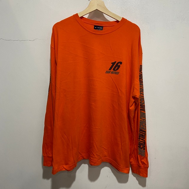 『送料無料』90s Tommy hilfiger 袖プリント長袖Tシャツ　オレンジ