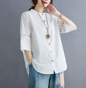 レディース トップス シャツ 羽織 前開き 7分袖 ラウンドネック スタンドカラー 刺繍 ボタン 薄手 リネン 綿 コットン 麻 大人可愛い カジュアル おしゃれ レトロ アジアン エスニック こなれ感 ラフ メンズライク ボーイッシュ 無地 春 夏 10代 20代 30代 学生 学校 通学 お出かけ イベント 旅行 ビーチ 公園 女子会 休日 ライブ 重ね着 楽ちん プレゼント 普段使い 着回し レイヤード ロールアップ トレンド M L XL 2XL 3XL 4XL ゆる 白 ホワイト オレンジ ネイ