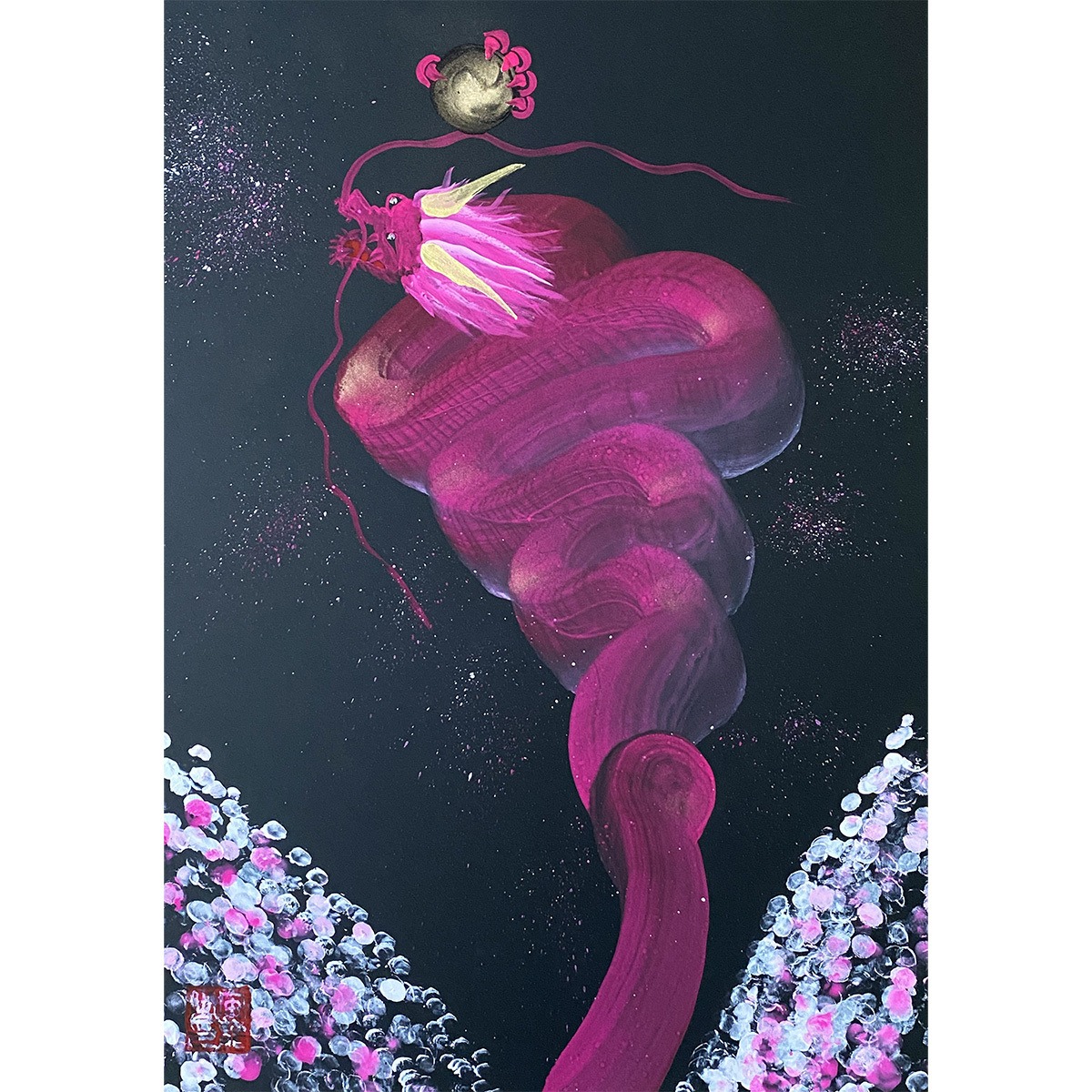 一筆龍『華昇龍』☆龍と天然石を身近に感じるアート・絵画 A3サイズ 