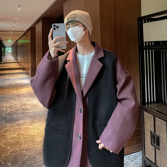 予約販売】ジャケット 無地 バイカラー 重ね着風 レイヤード アウター