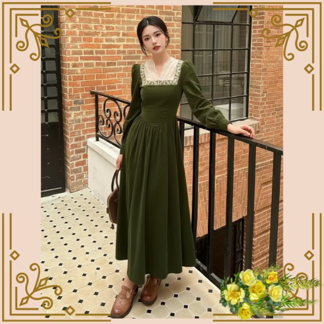 ♦クラシカルスクエアネック ロングワンピース～アンティークグリーン♦ trnd046