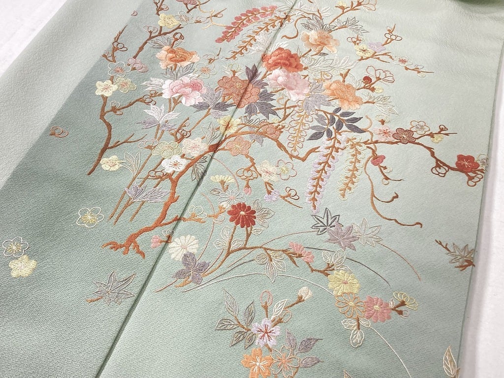 豪華総刺繍 蘇州刺繍 訪問着 一つ紋 四季の花々 正絹 黄緑 赤 緑 1091