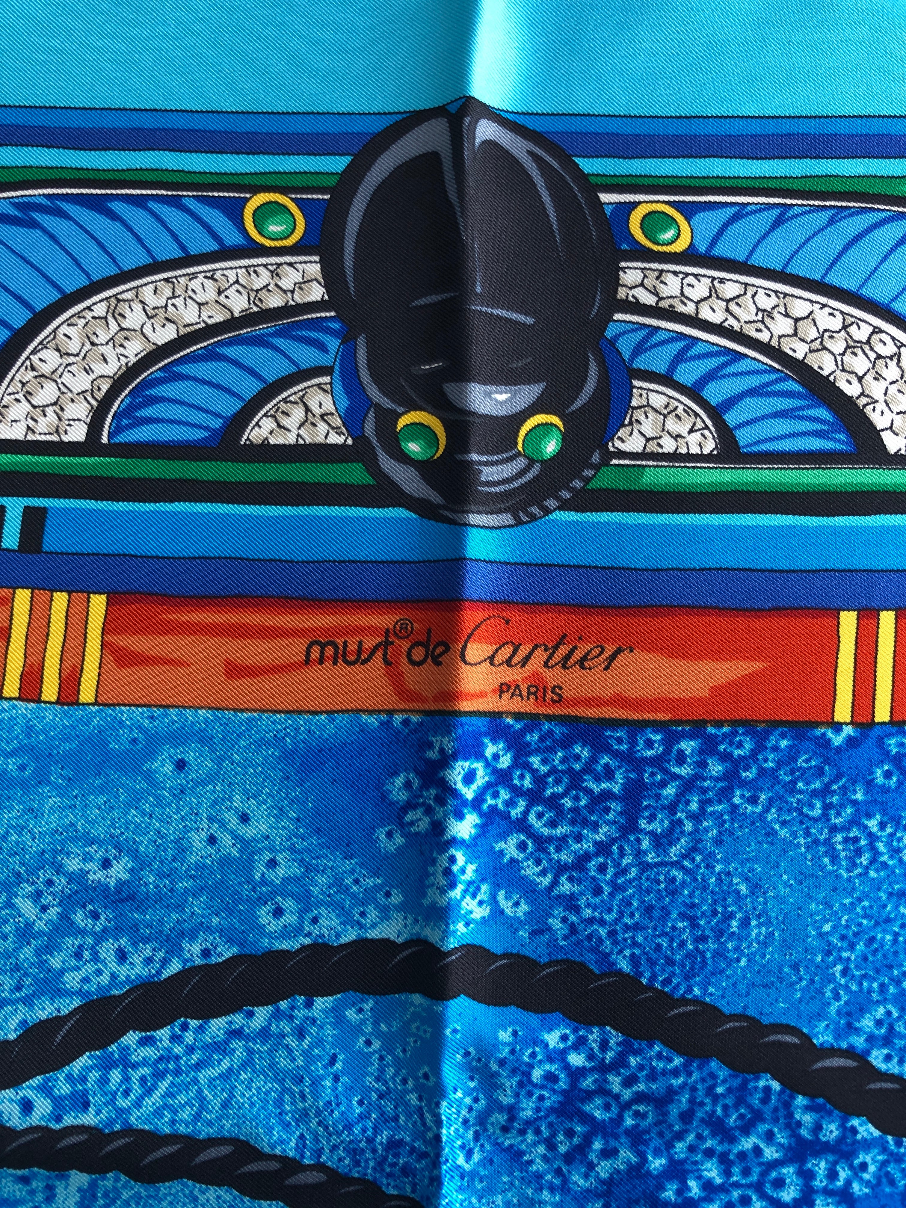 Cartier カルティエ スカーフ ブルー エジプトモチーフ シルク vintage