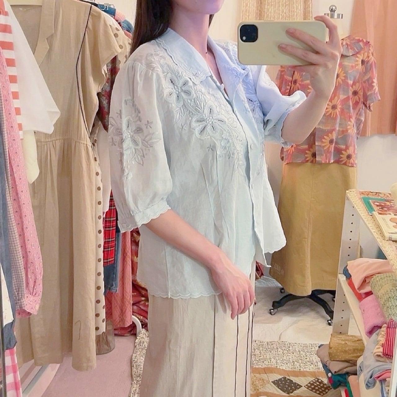 light blue flower embroidery blouse