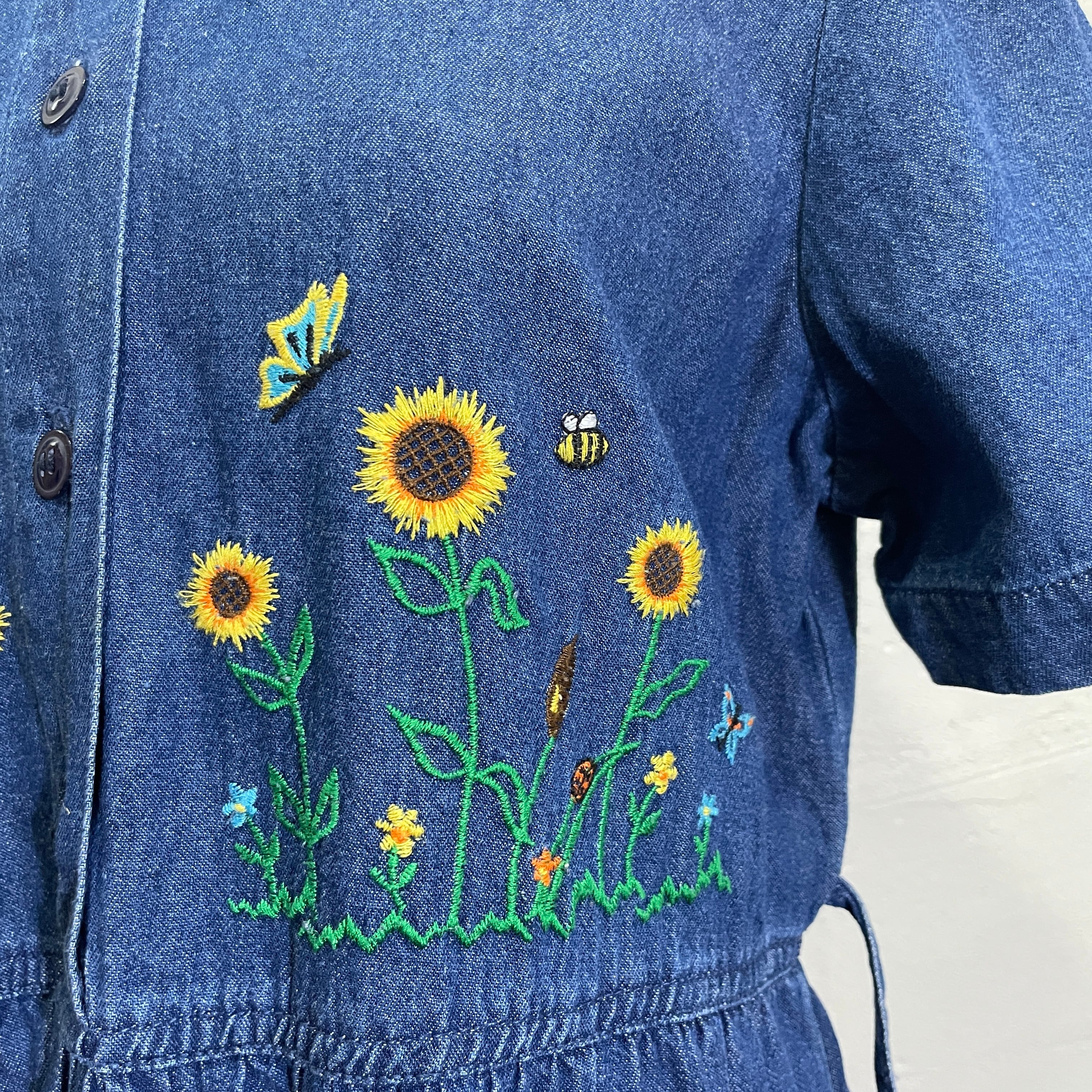 90s  花柄刺繍 デニム ロングワンピース ビンテージ 女子