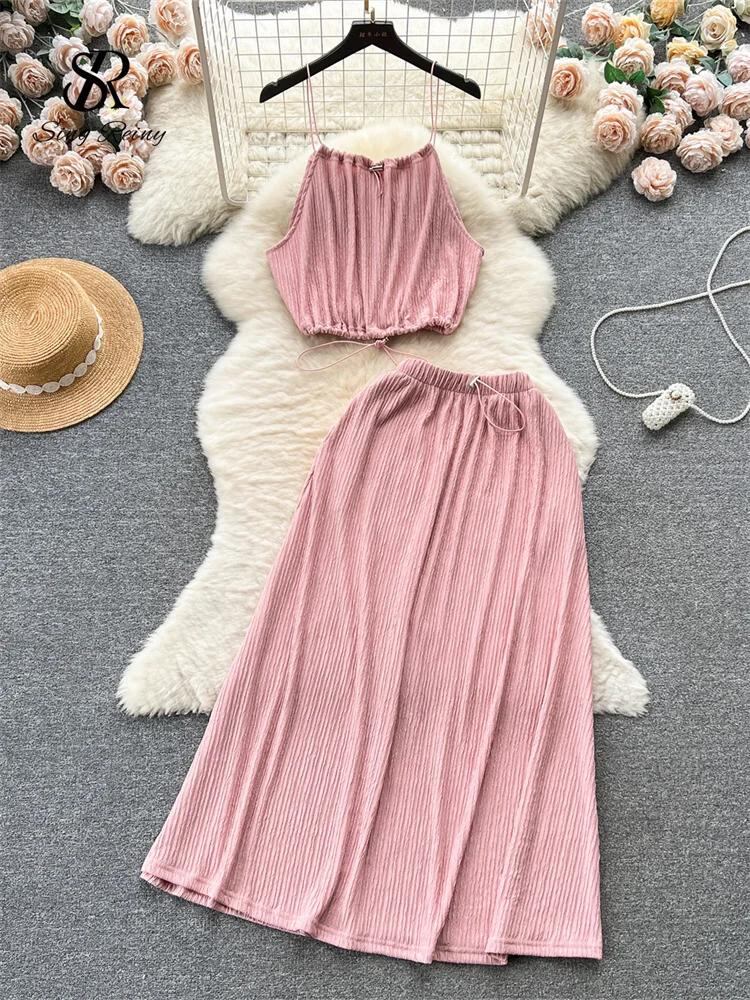 Sing補強-女性の魅力的な巾着スーツ、ストラップミニトップとルーズラインスカート、休暇ビーチパーティーセット、新しいスタイル、夏、2022_160