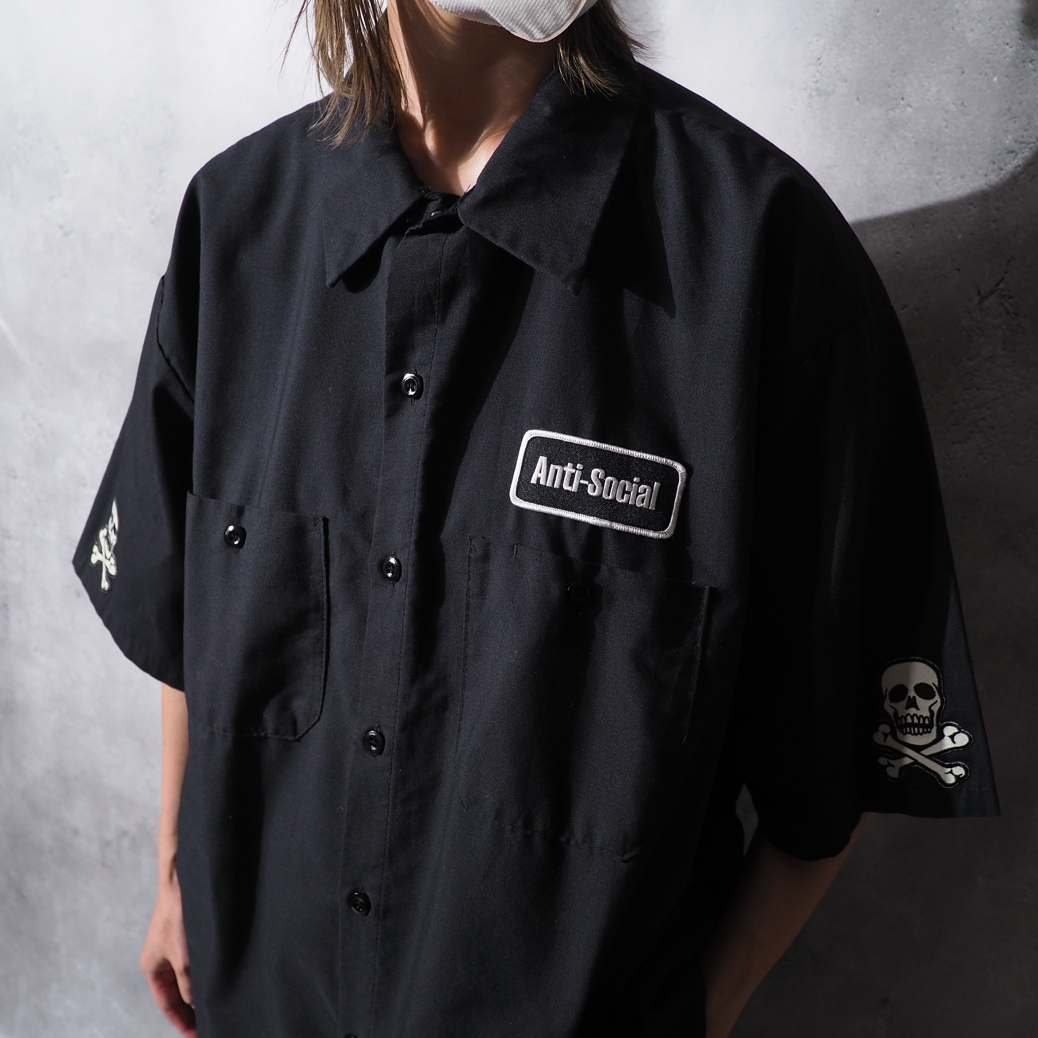 ” Red kap ” ” Anti Social ” cross skull embroidery black work shirt