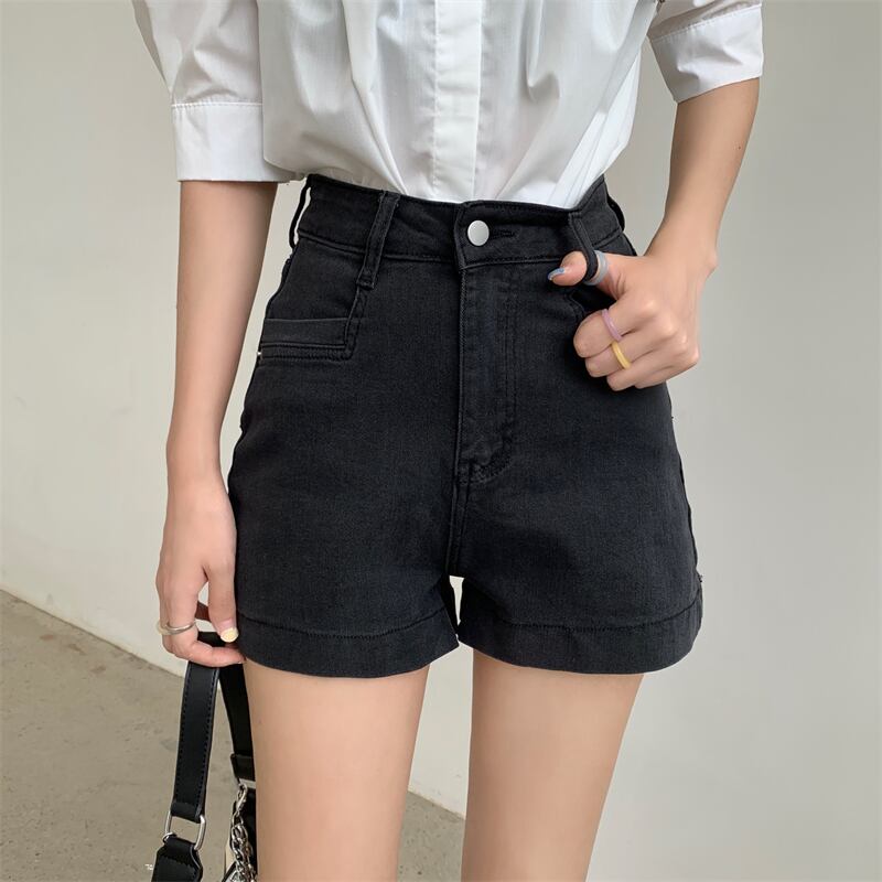 ブラックジーンズ サマーハイウェスト薄手ショーツ カジュアルAラインパンツ 夏物 ブルマー クレセントシティ27823979008
