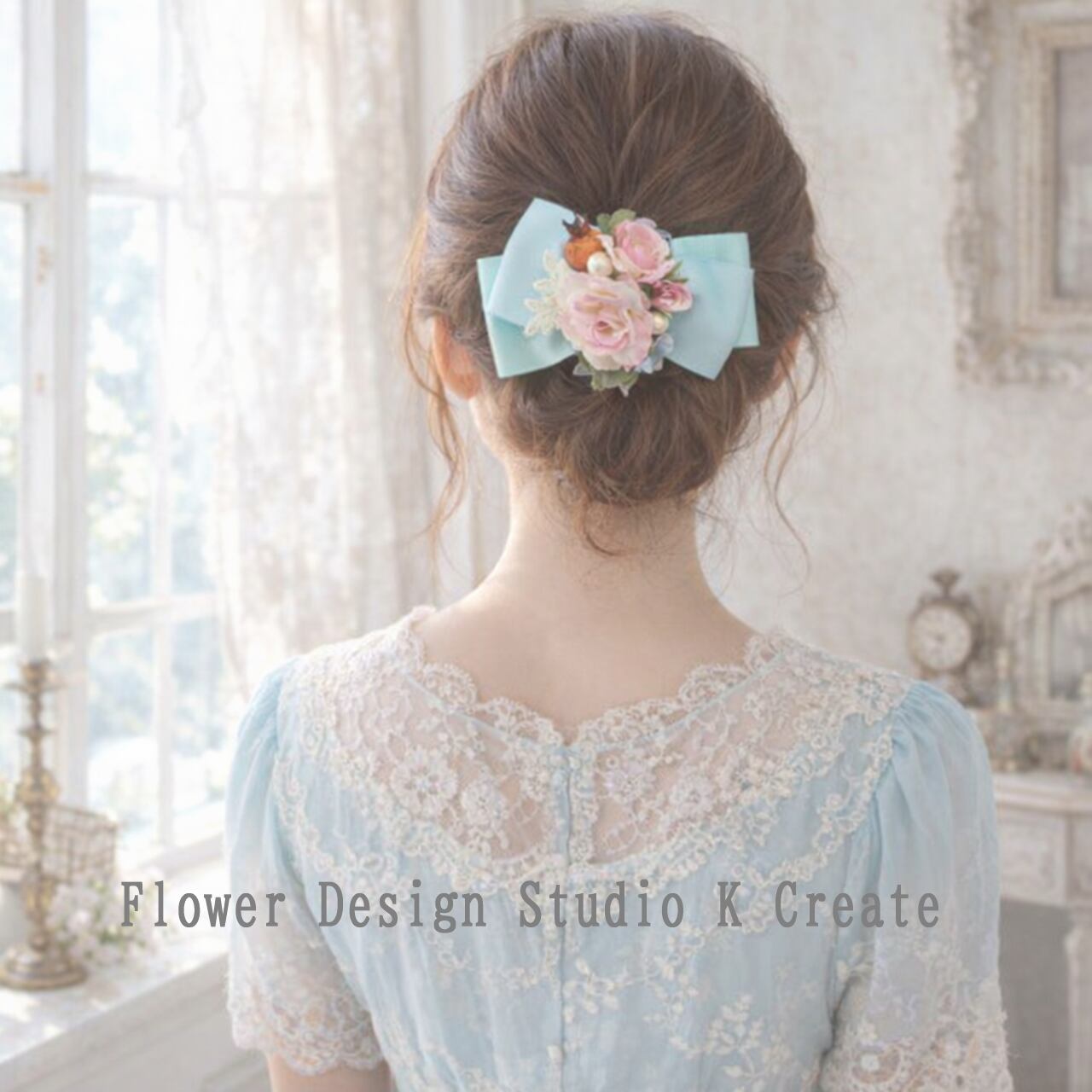 ピンクの薔薇とミントブルーのリボンヘアクリップ 発表会 お出掛け 七五三 髪飾り ヘアクリップ 水色 ミント ブルー