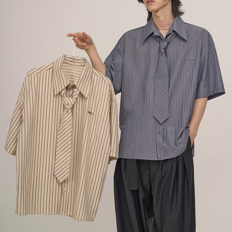 薄手ストライプ柄ネクタイ付き半袖シャツ | mblueshop