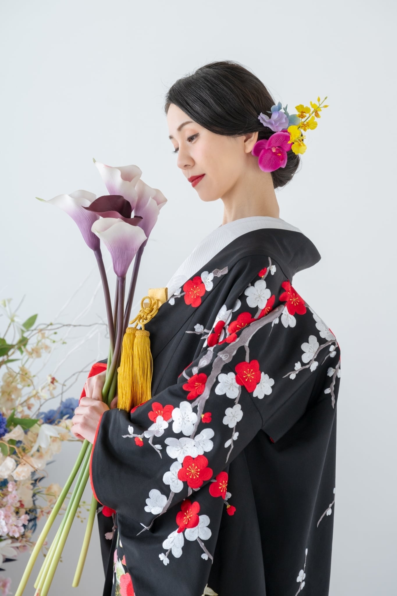 色打掛レンタル フルセット 黒地牡丹草花刺繍文 033 | きものレンタル 色打掛レンタル フルセット 黒地牡丹草花刺繍文 033 | きものレンタル