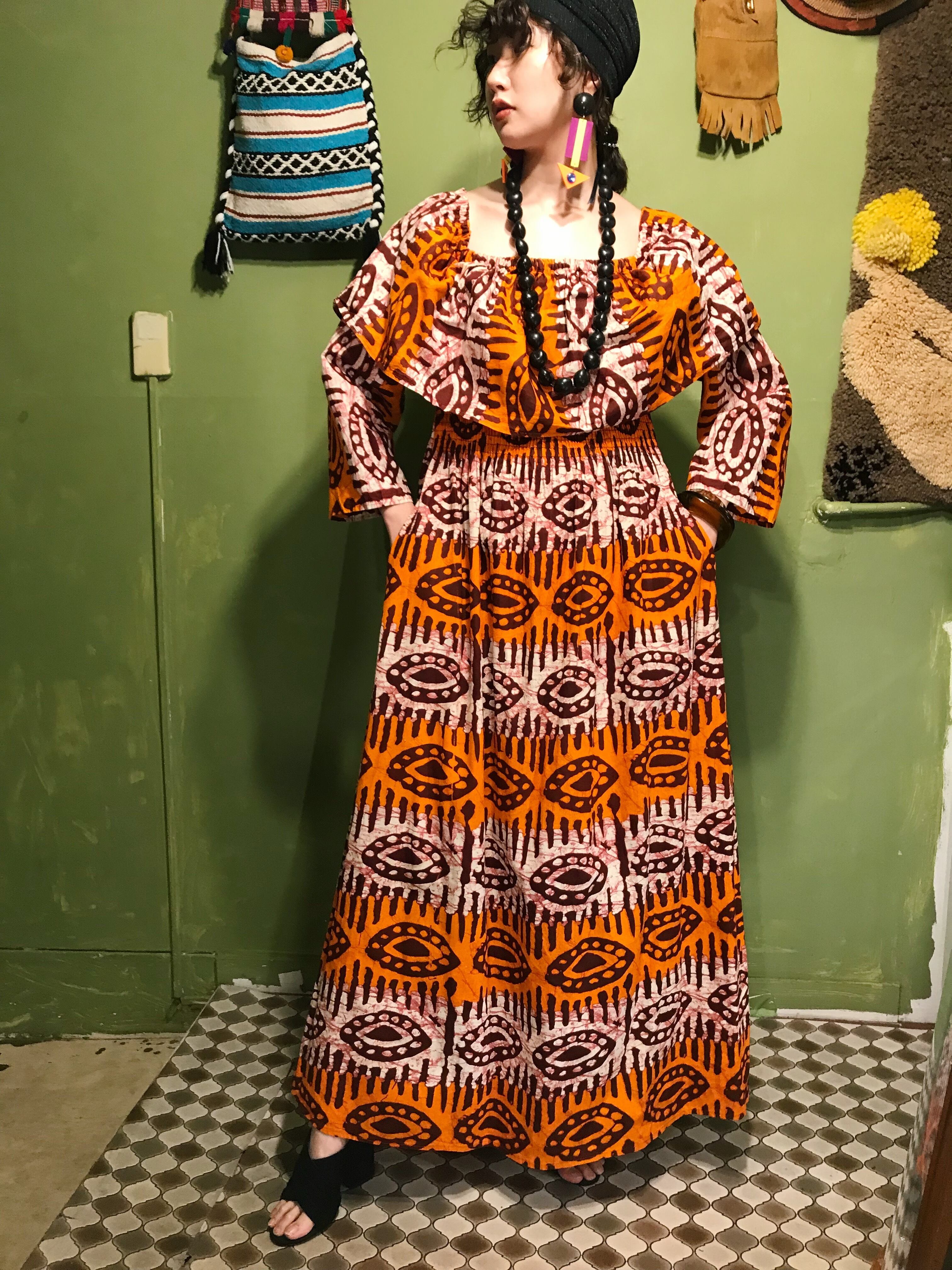 Vintage African Batik Orange Brown Cotton Maxi Dress ヴィンテージ アフリカンバティック オレンジ ブラウン コットン マキシ ワンピース Riyad Vintage Shop