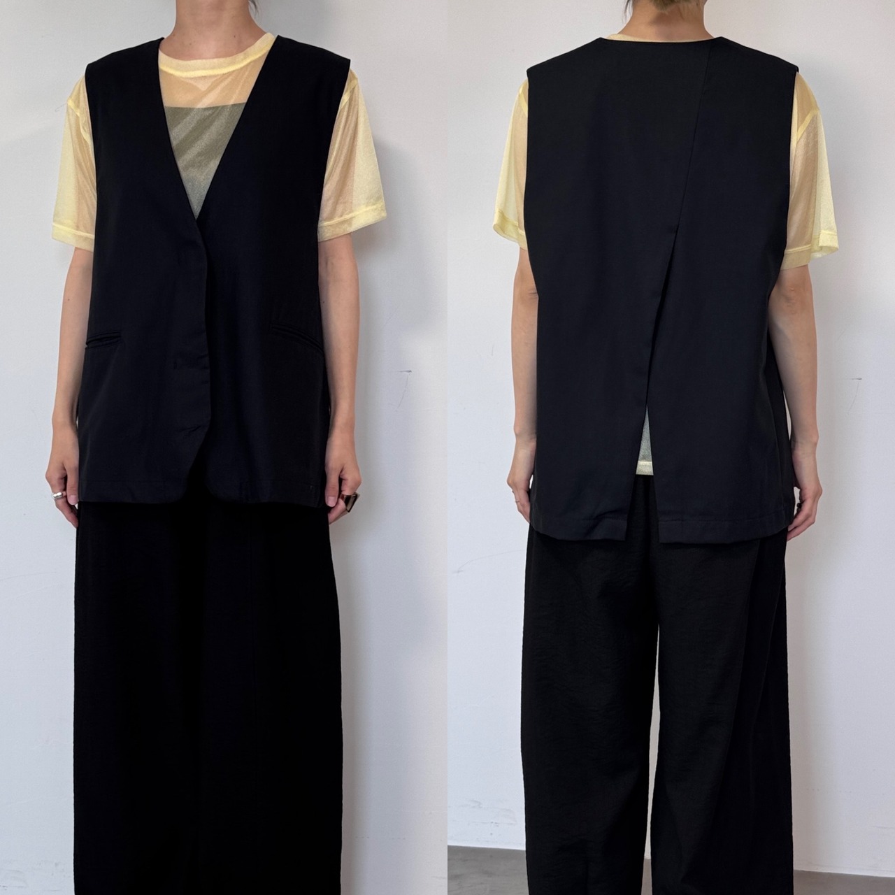バックスリットフレンチリネン混gilet/ブラック