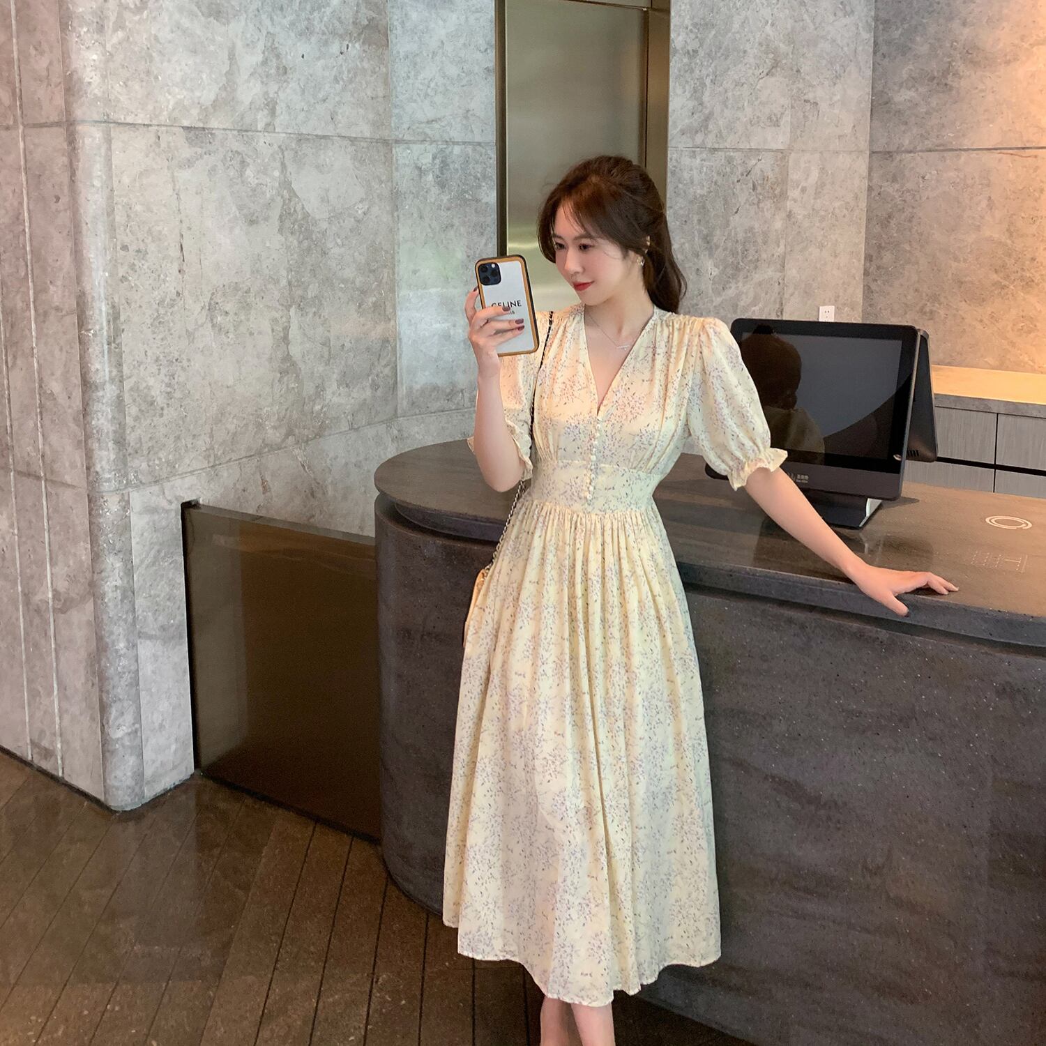 Vネックスリーブシフォンドレス レディースフローラルAラインスカート スプリング 春物 サマー 夏物 花柄 6Du_Shop_Women17747569226