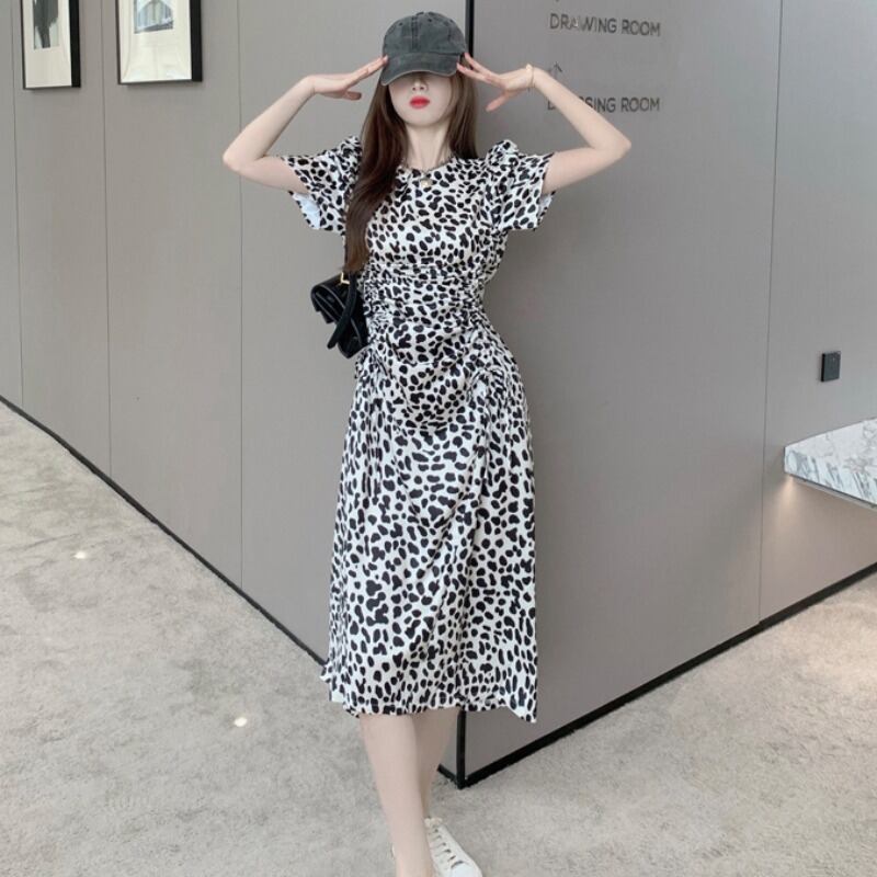 レオパードプリント柄スリーブドレス ラウンドネックスリム薄手Aライン Oネック ハンチェンe99529178325