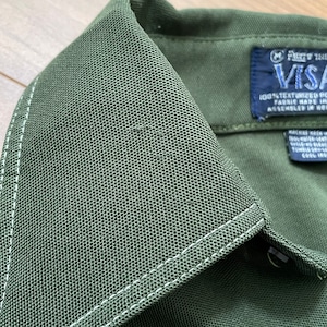 【FRUIT OF THE LOOM】70s USA製 VISA ポリシャツ 薄手 デカ襟 長袖シャツ ディープグリーン 無地 プレーン 希少 ヴィンテージ M US古着