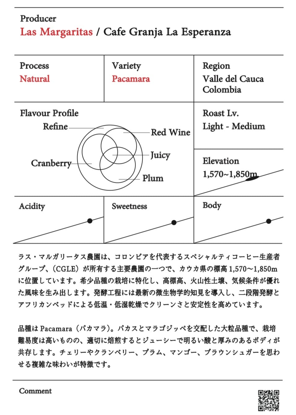 CGLE Las Margaritas (Pacamara) - Colombia 【100g】