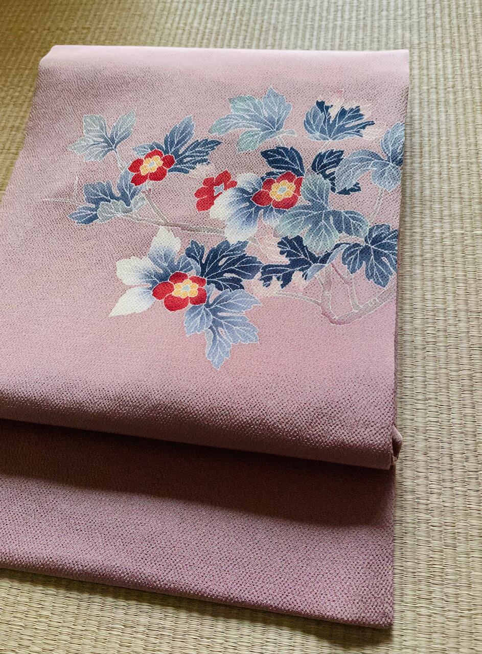 鶴見保次作> 加賀友禅縮緬名古屋帯 Kaga Yuzen Nagoya Obi 